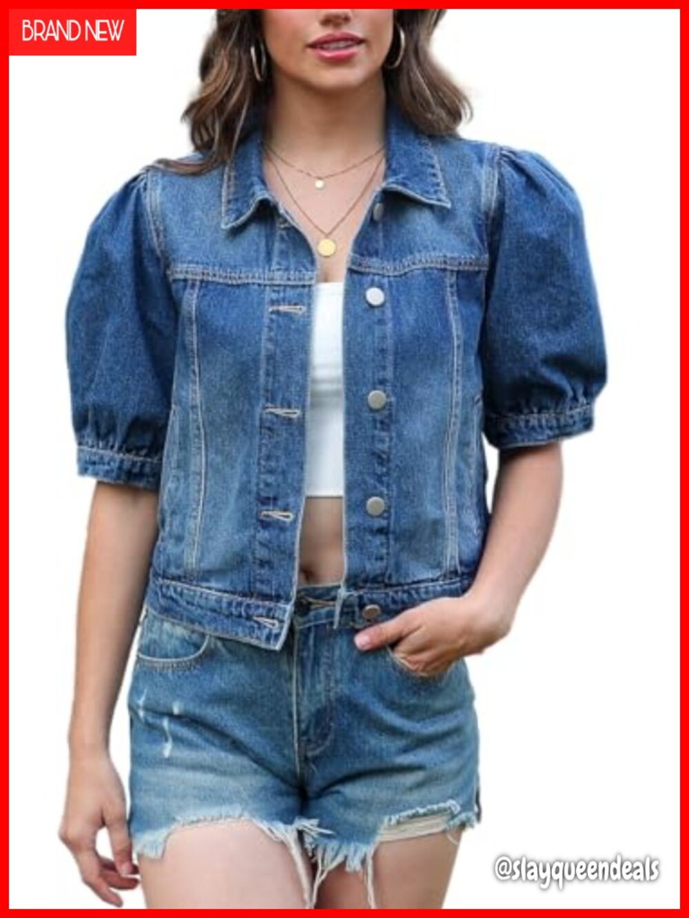Women's Cropped Denim Jacket Puff Short Sleeve Cotton Button Front Pockets